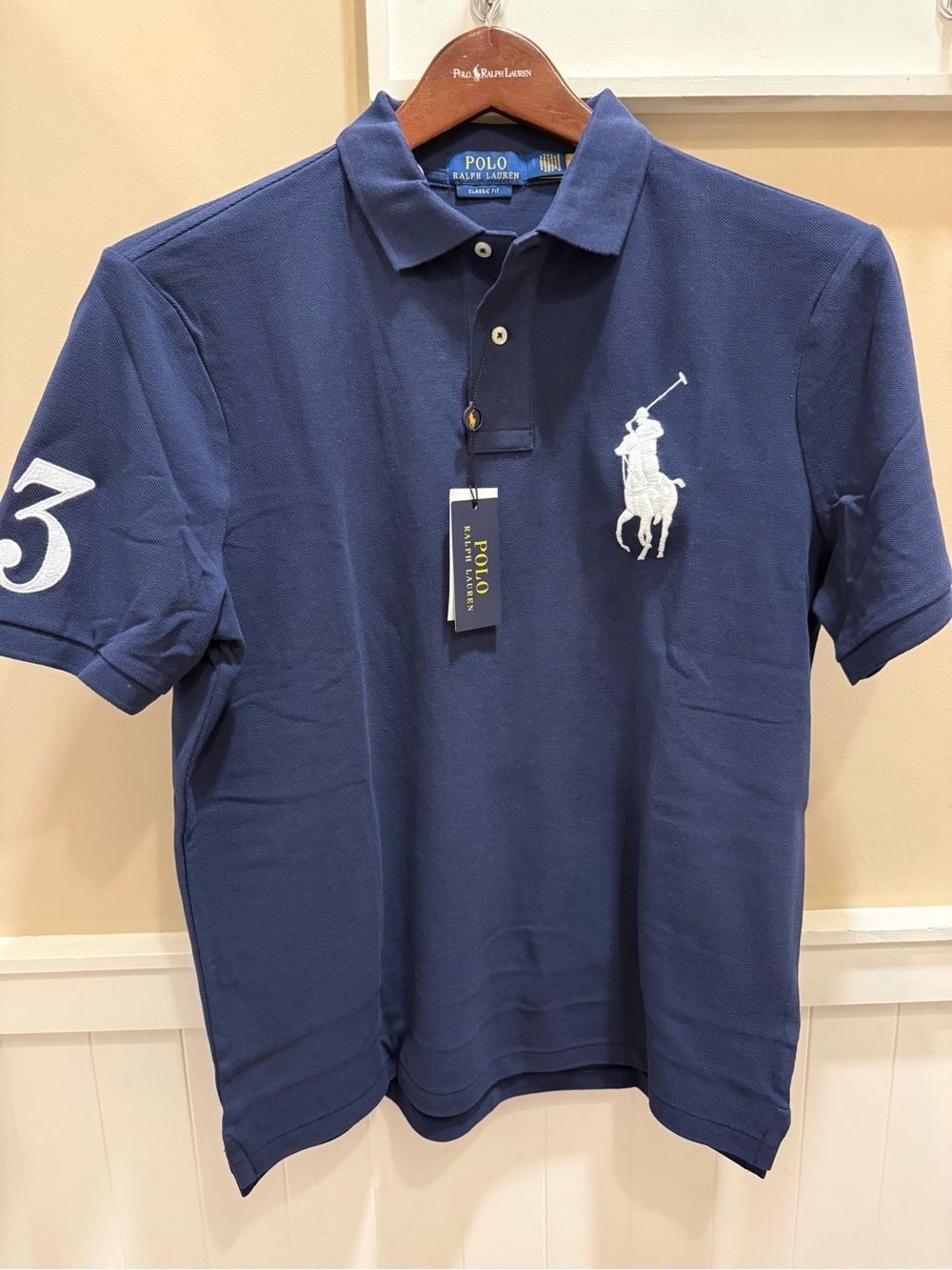 Polo Ralph Lauren Navy Blue BIG PONY #3 Mesh Knit Classic Fit Collared Shirt